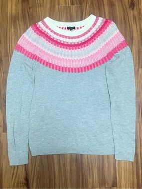 Talbots Women's Gray Sweater with Pink Fair Isle Yoke Design
